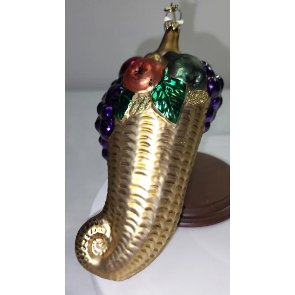Germany Cornucopia Blow Mold Ornament Gold Harvest Fruit Thanksgiving Holiday